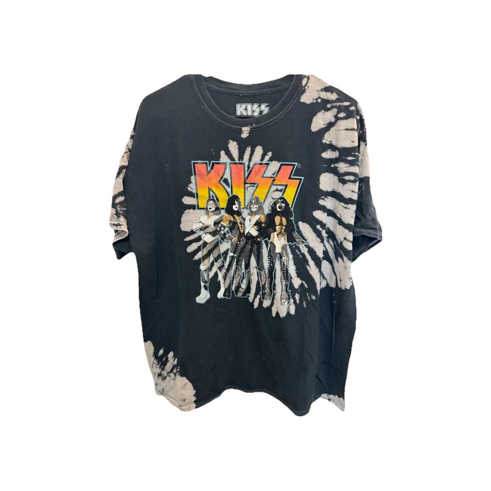 Kiss Graphic T-shirt Men L Black Gray Tie Dye Short Sleeve Music